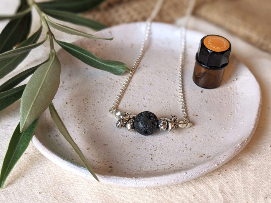 Aromatherapy Essential Oil Diffuser Necklace with Lava Bead and Silver Hematite Stones