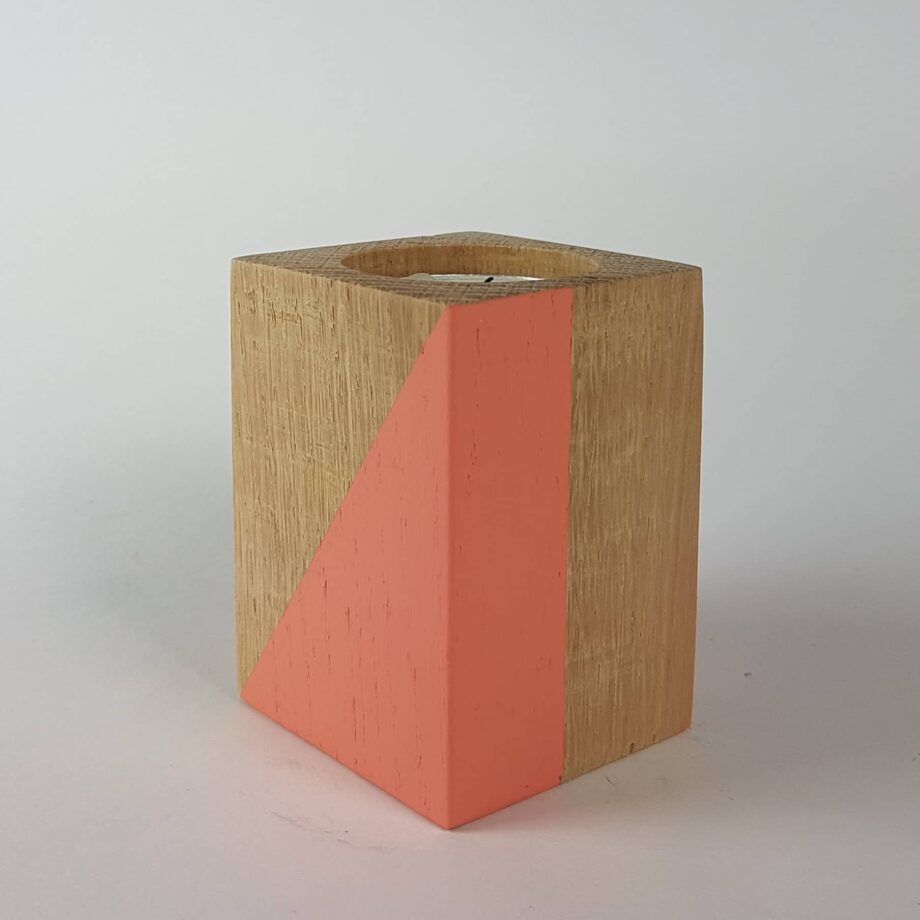 Coral painted geometric wooden candle cube