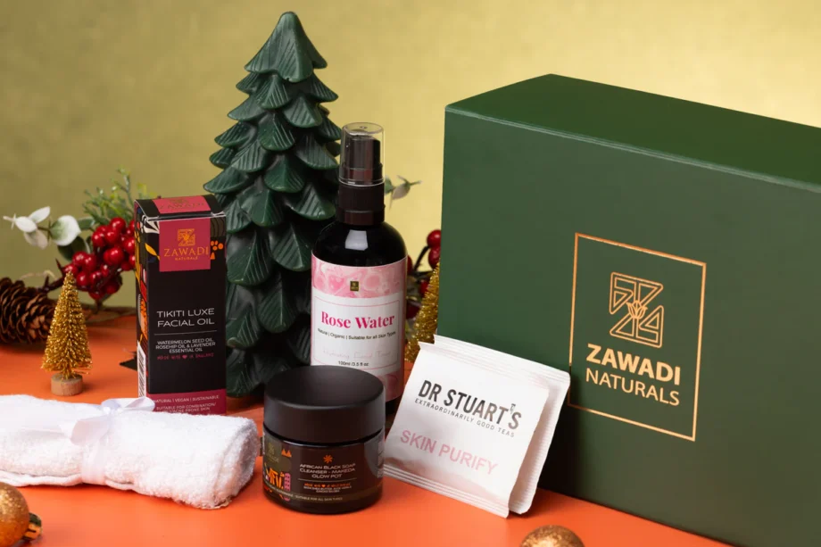 Spoil Her Self Love Gift Box featuring Makeda Glow Pot, Tikiti Luxe facial oil, a bamboo face towel, skin teas and natural skincare treats beautifully arranged in a box