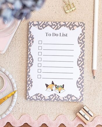 A6 To Do List Notepad, with Zig Zag patterned border & features 2 cute animated foxes based on the company logo