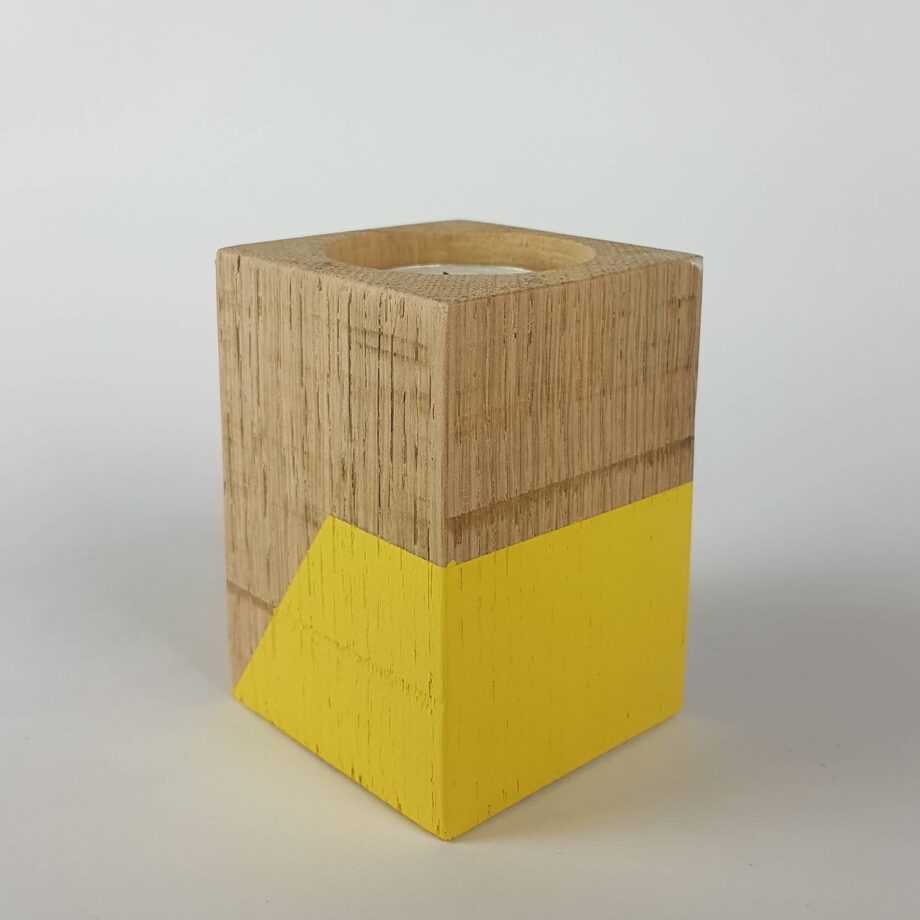 Yellow painted geometric design wooden cube tealight holder