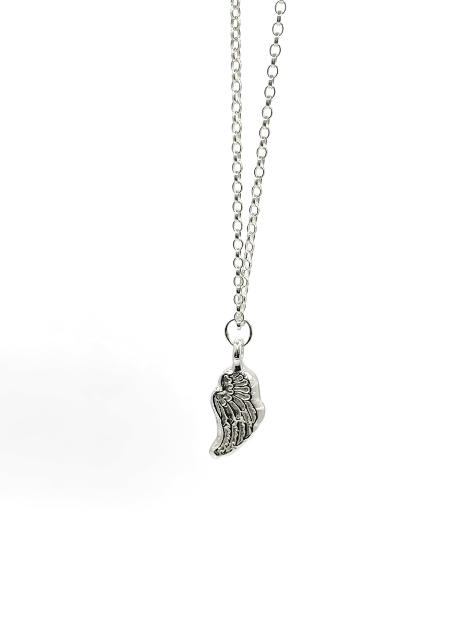 Sterling silver angel wing pendant necklace on a white background