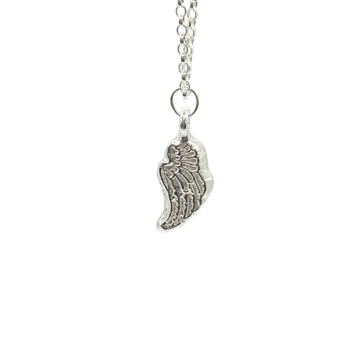 Sterling silver angel wing pendant on chain, white background