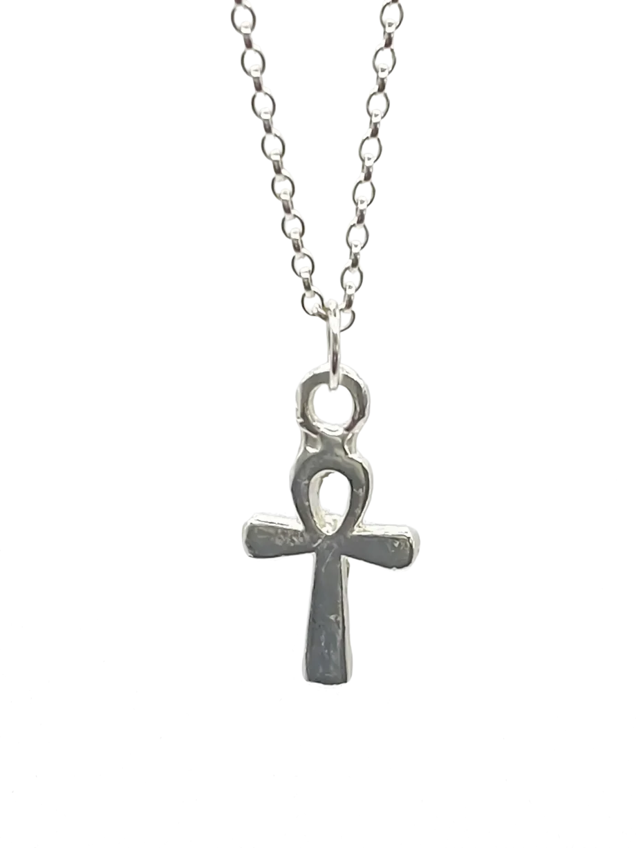 Silver Ankh Pendant on classic chain, isolated on white background
