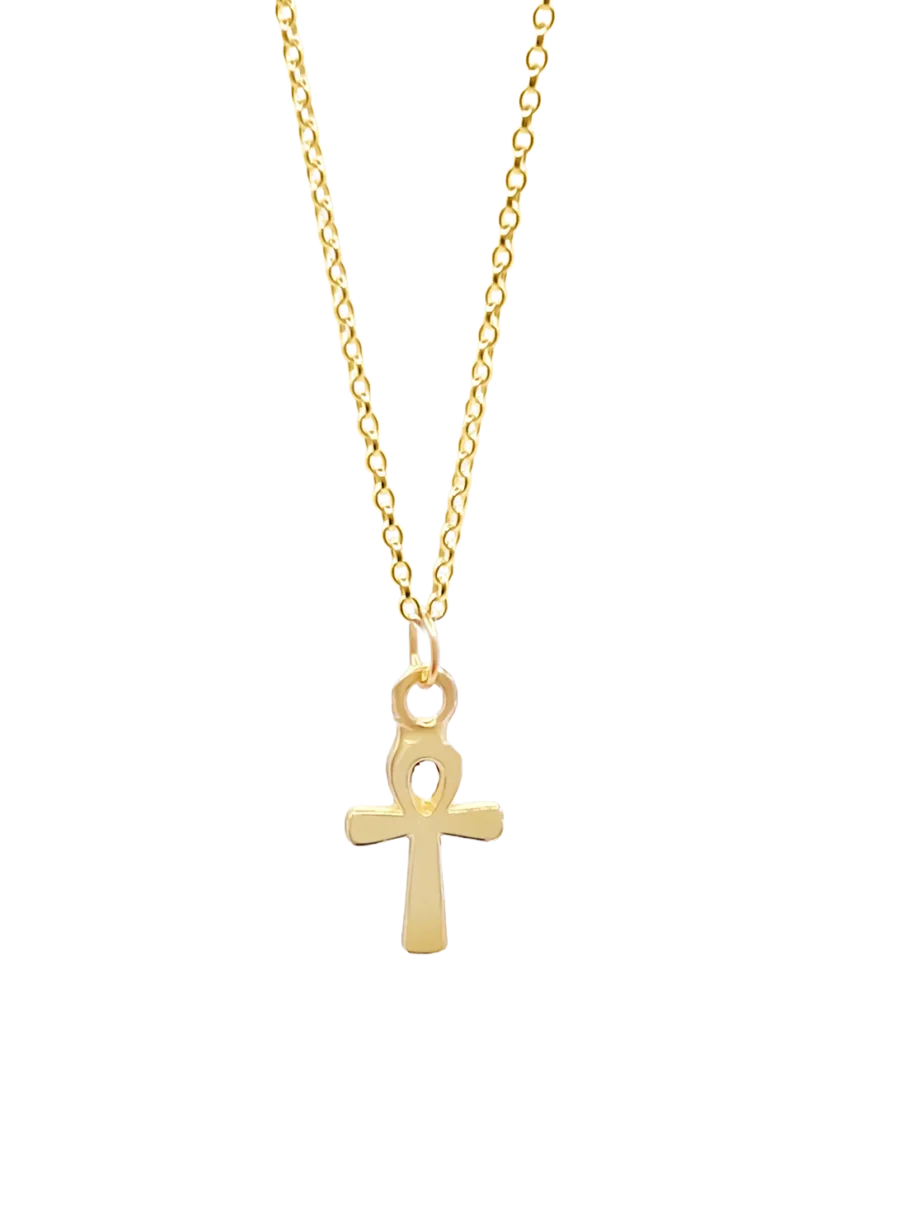 Gold Ankh Pendant on classic chain, isolated on white background