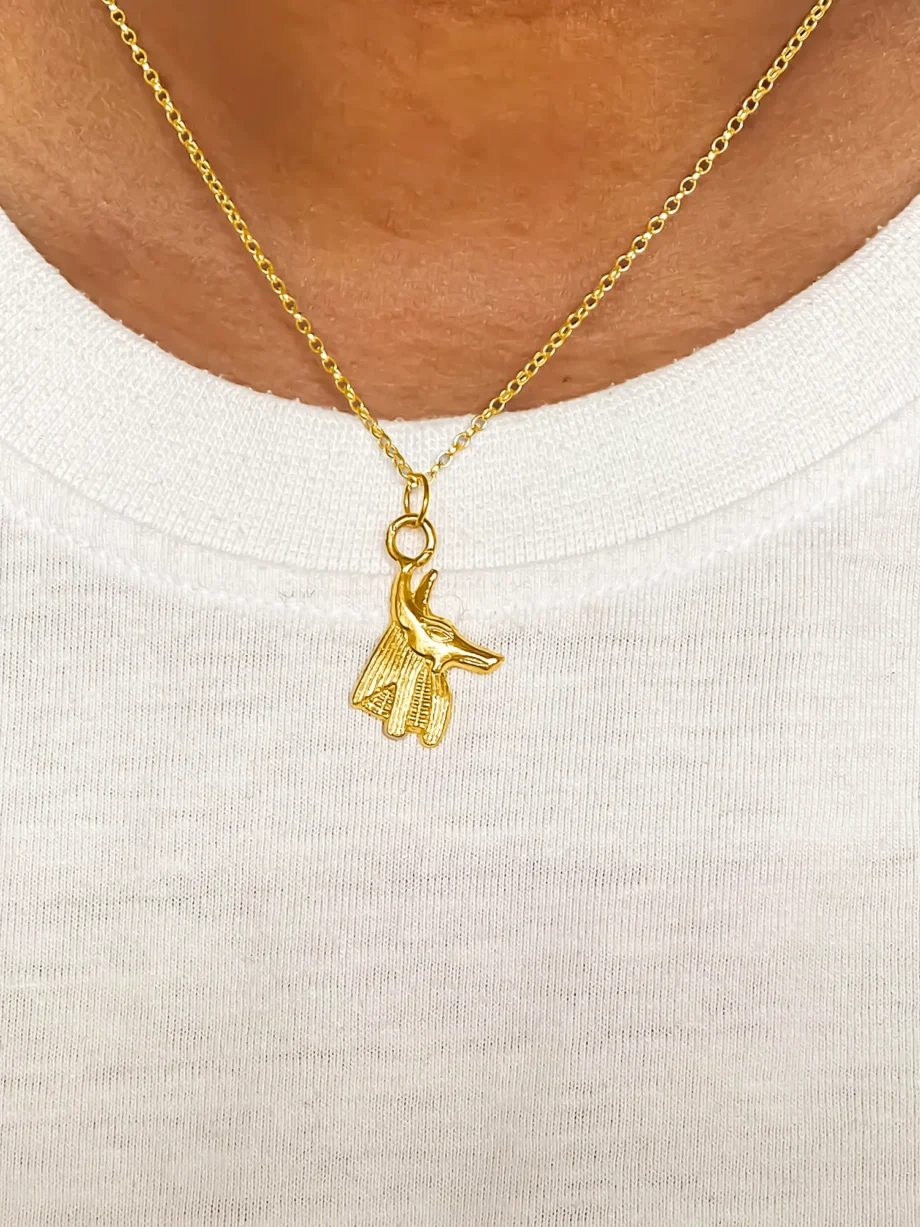 Gold Anubis pendant worn on skin with white T-shirt