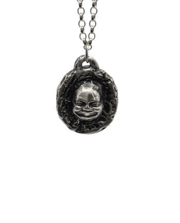 Close-up of Buddha Face Pendant in sterling silver, front view on white background