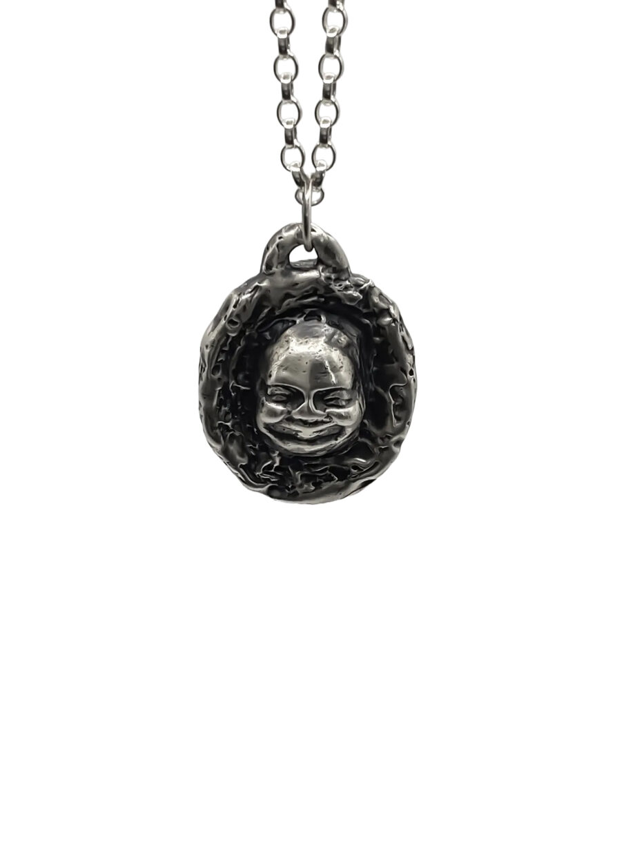 Close-up of Buddha Face Pendant in sterling silver, front view on white background
