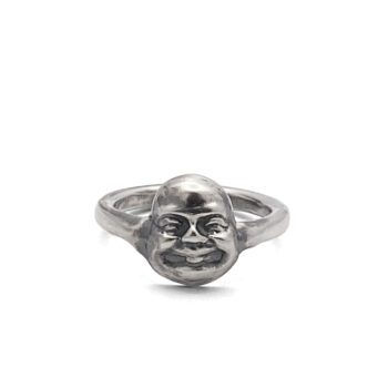 Front view of handcrafted Buddha Face Ring in oxidised silver on white background