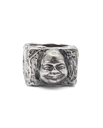 Front view of handcrafted Buddha Face Ring in oxidised silver on white background