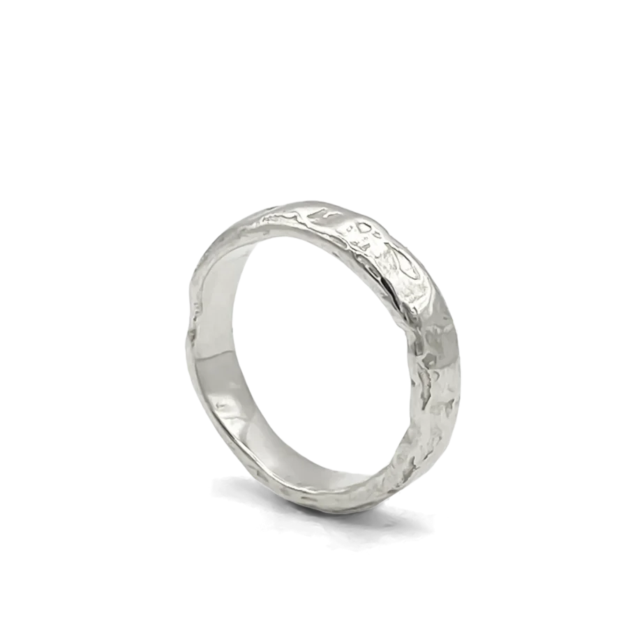 Textured silver band ring on a white background