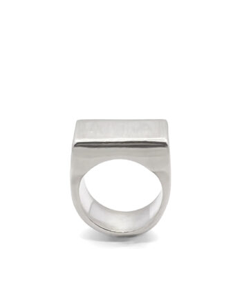 Front view of geometric silver signet ring with square face