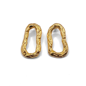 Pair of gold Flow Loop Earrings on white background, showing sculptural texture