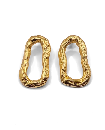 Pair of gold Flow Loop Earrings on white background, showing sculptural texture