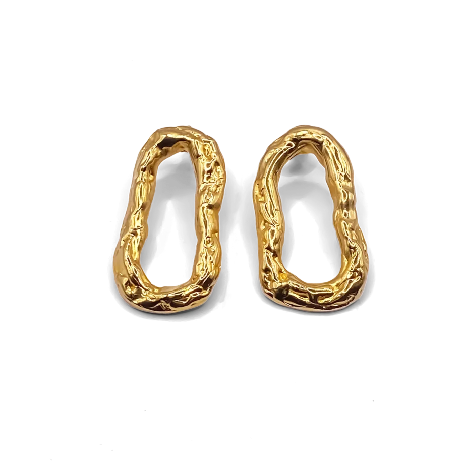 Pair of gold Flow Loop Earrings on white background, showing sculptural texture