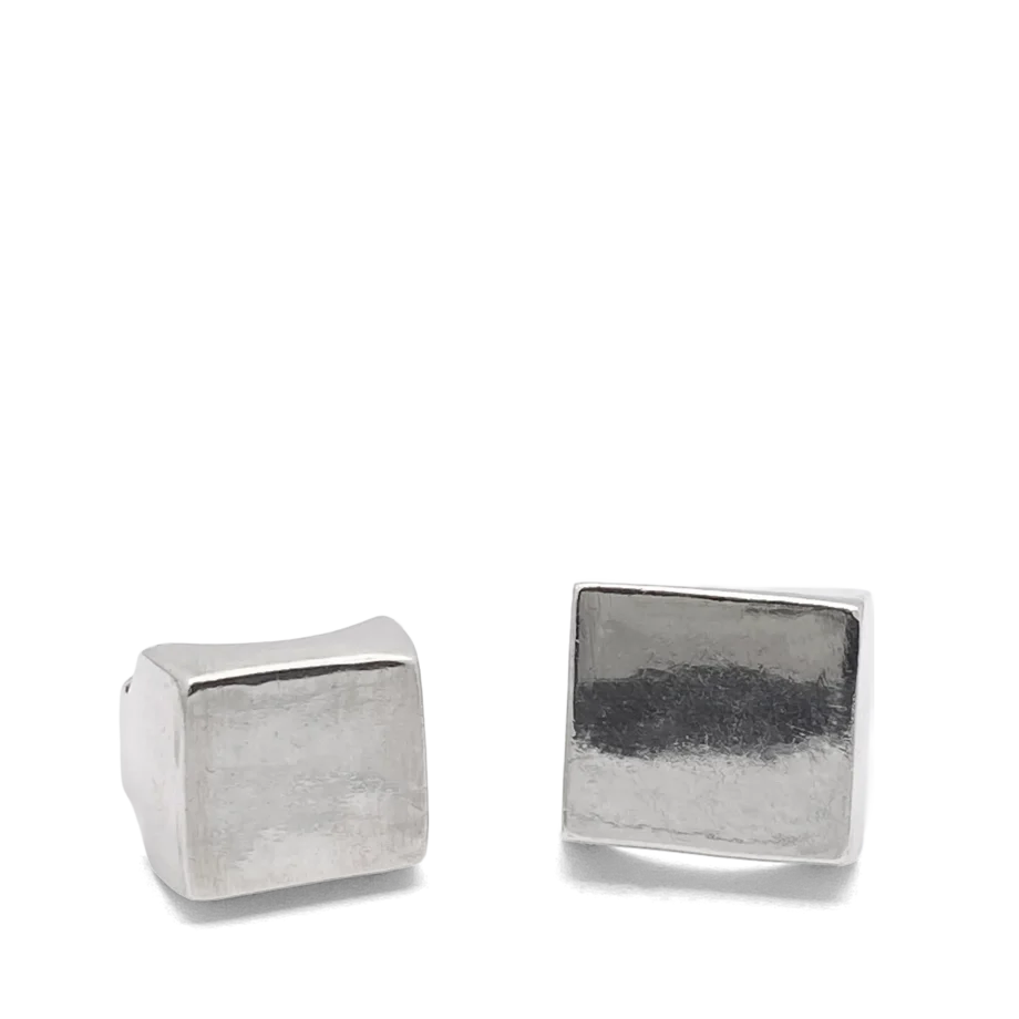 Two handcrafted sterling silver square signet rings displayed on a white background