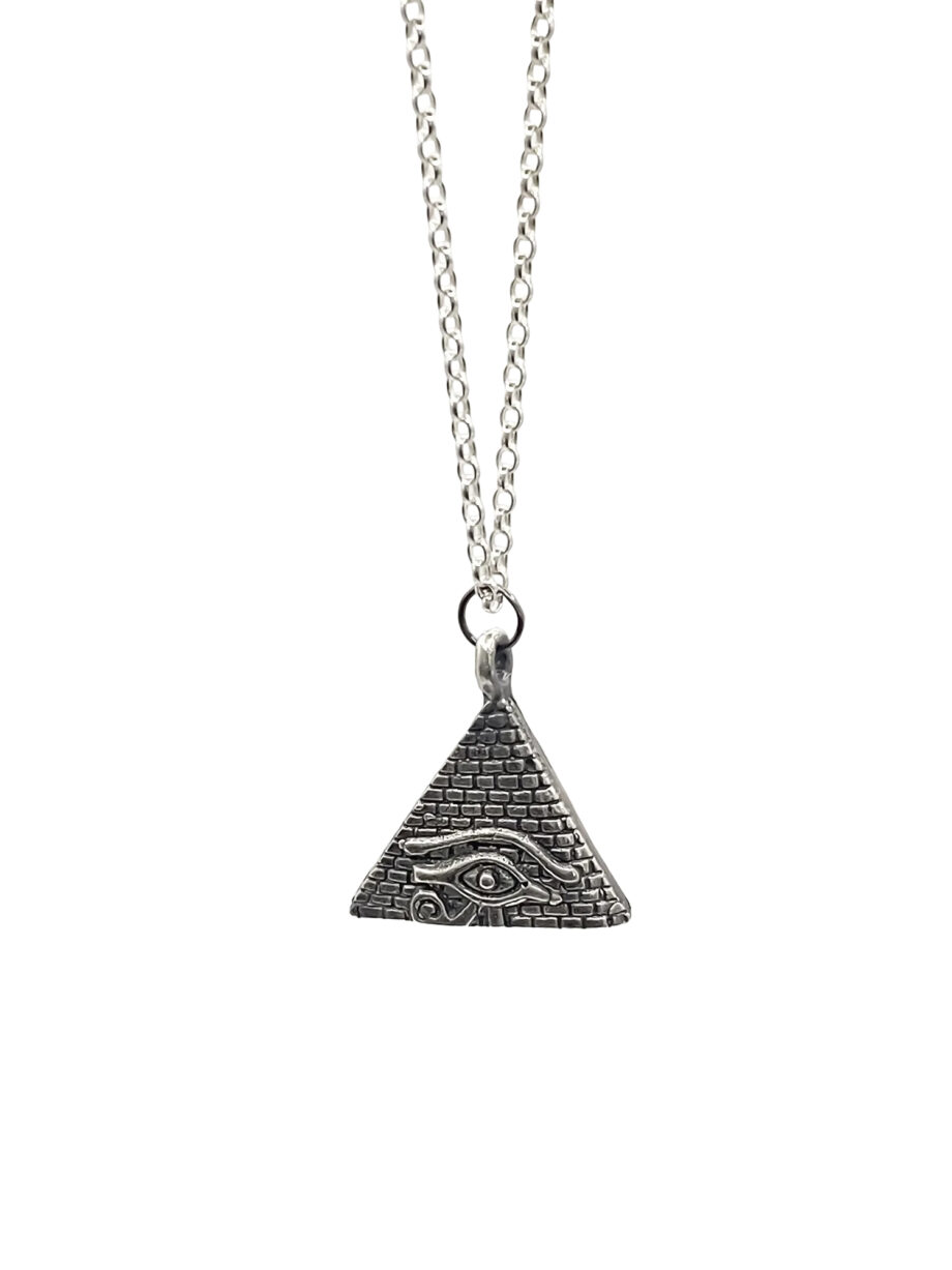 Angled view of the Horus Eye Pyramid Pendant on chain