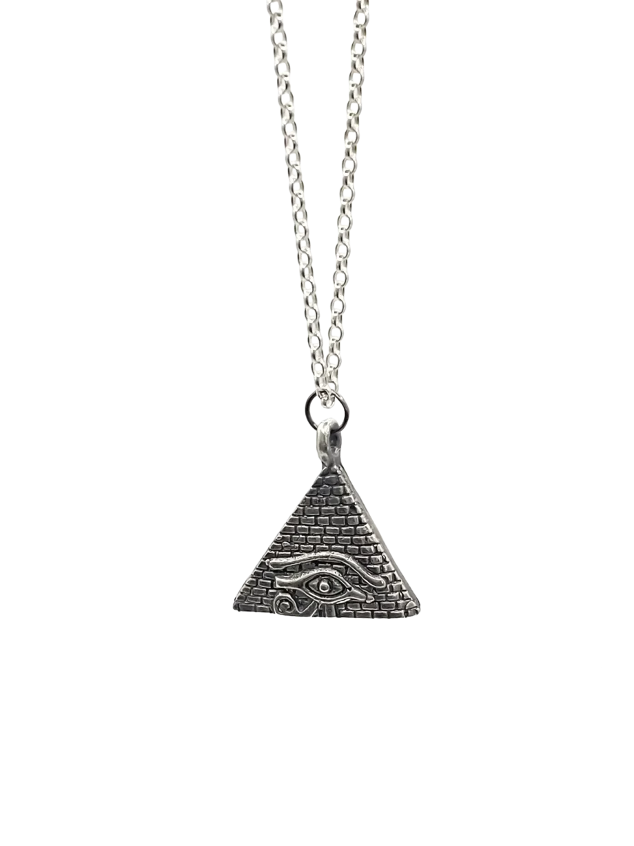 Angled view of the Horus Eye Pyramid Pendant on chain