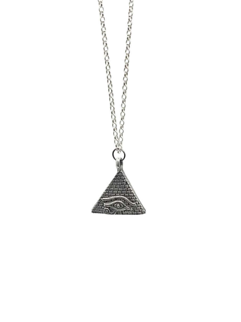 Horus Eye Pyramid Pendant on chain, isolated on white background
