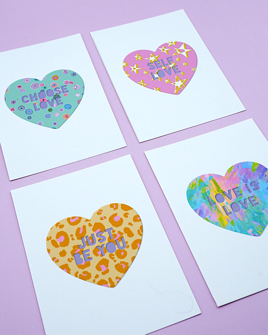 Selection of 4 mini art prints each featuring 1 of 4 uplifting and LGBTQ inclusive phrases. Including Choose Love, Love is Love, Just Be You and Self Love