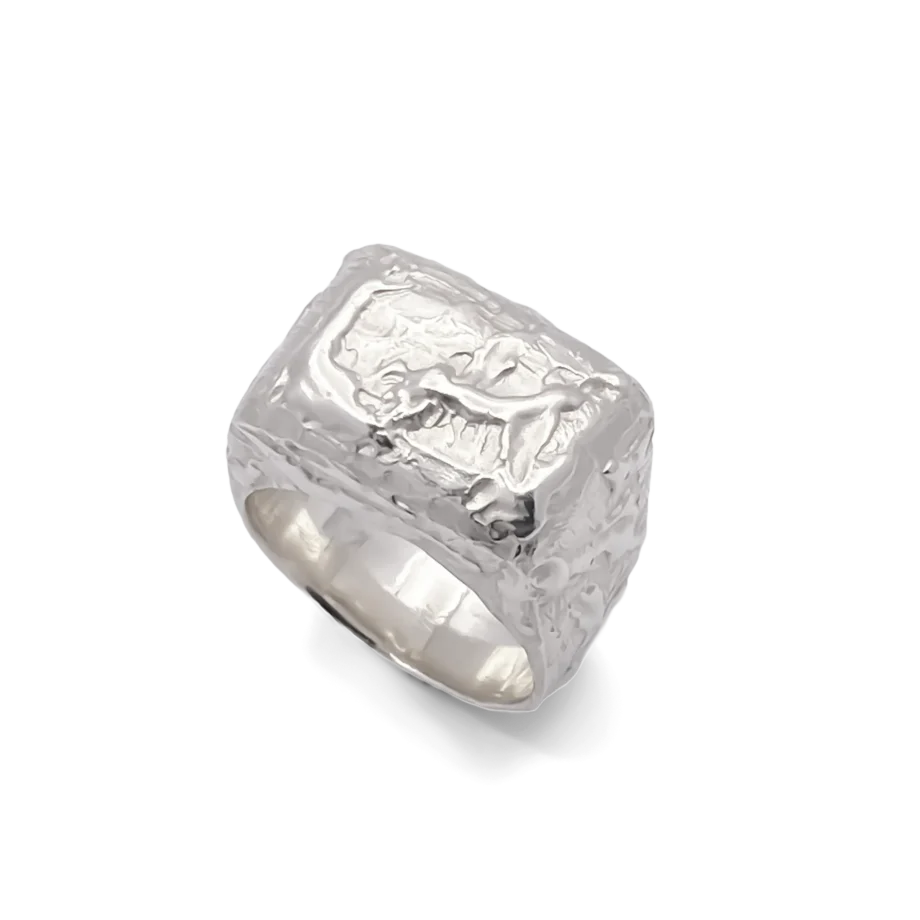 Angled side view of the Textured Signet Ring in sterling silver