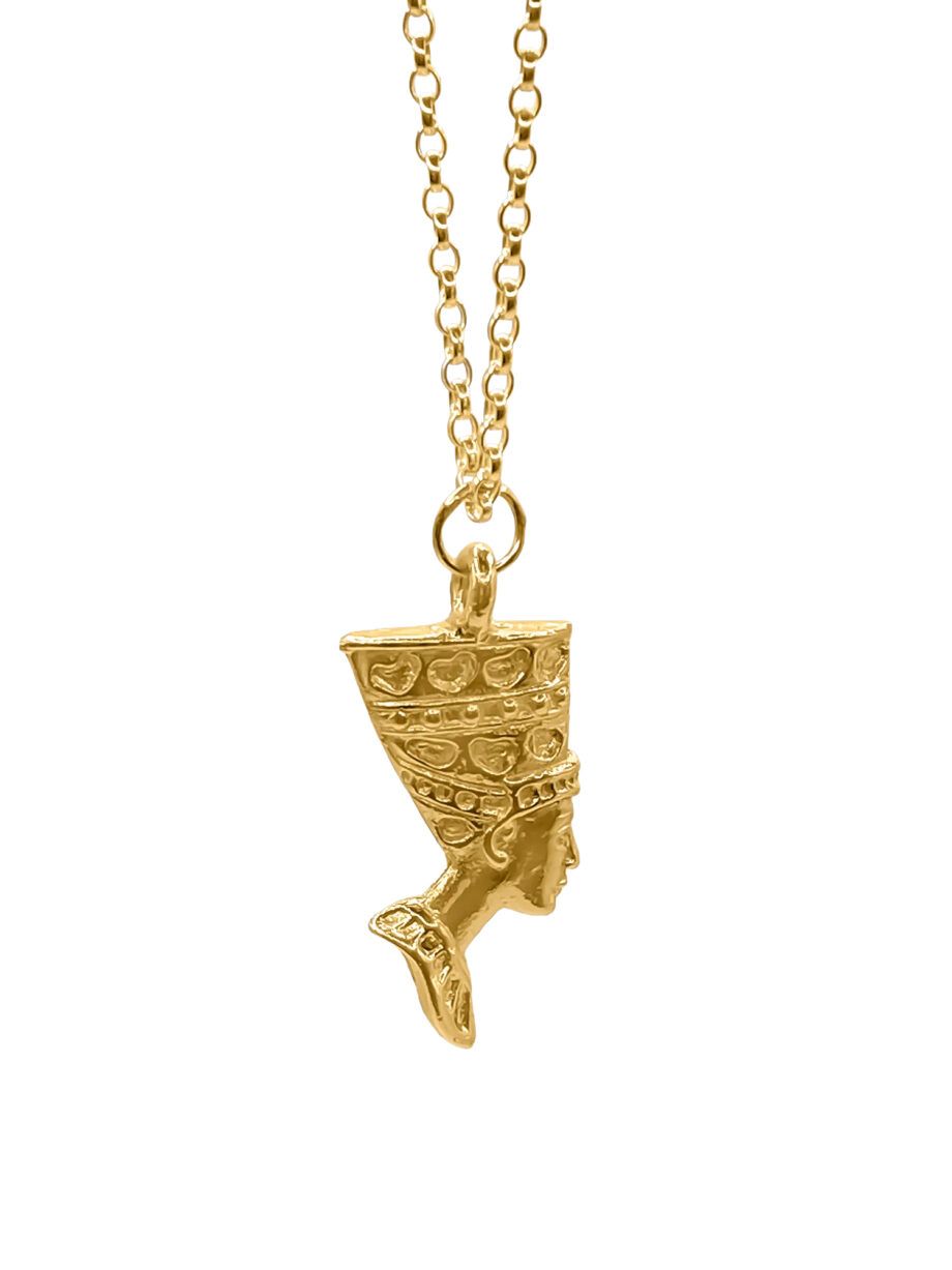 Nefertiti face necklace in gold vermeil on white background