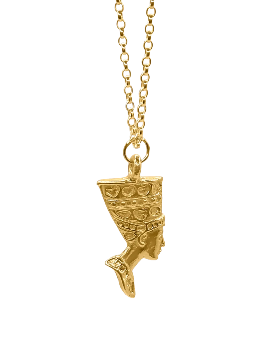 Nefertiti face necklace in gold vermeil on white background