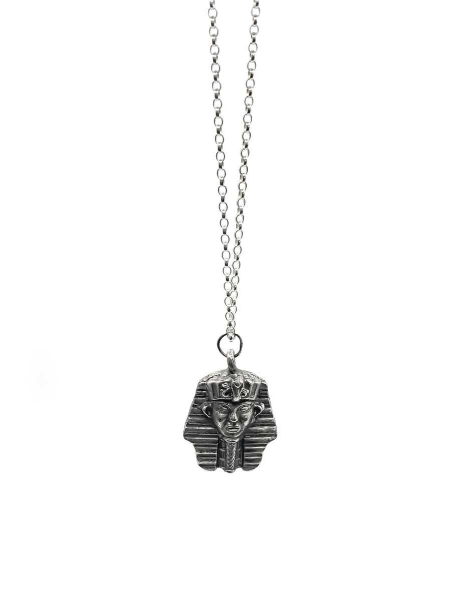 Pharaoh Pendant with doubled belcher chain on white background.