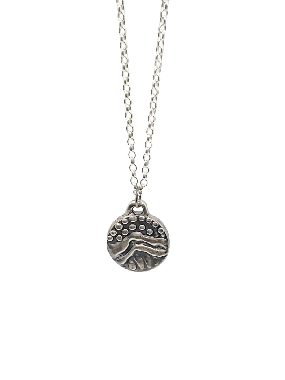 Wavy Detail Pendant in sterling silver on Belcher chain, front view