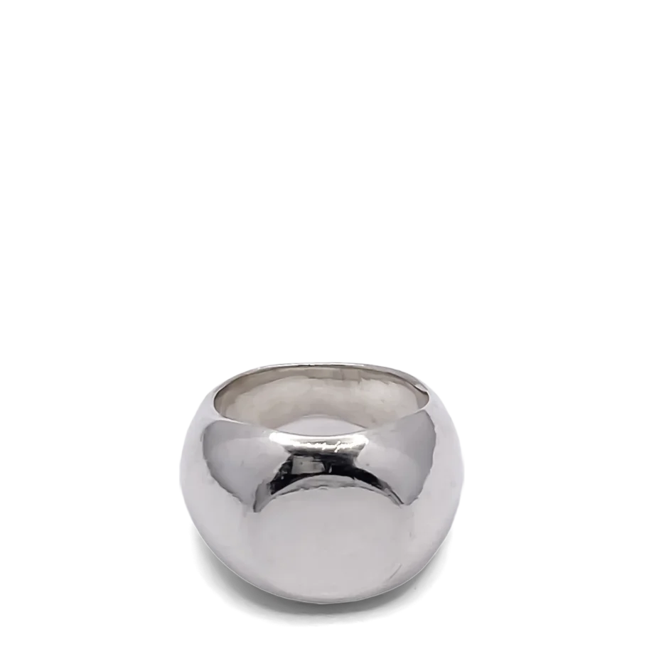 ront-facing silver signet ring with a smooth, domed face.