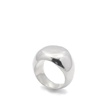 Angled view of a silver round signet ring on a white background.