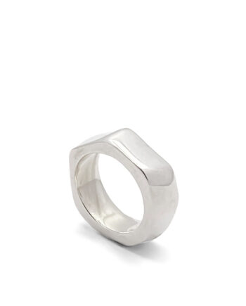 Angled side view of the Wonky Nut Ring in sterling silver