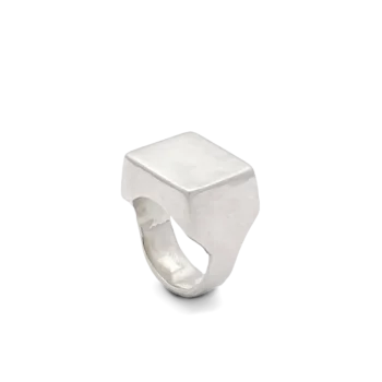 Single sterling silver square signet ring displayed on a white background