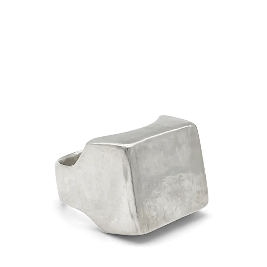 Close-up of silver square signet ring worn on finger from different perspectives