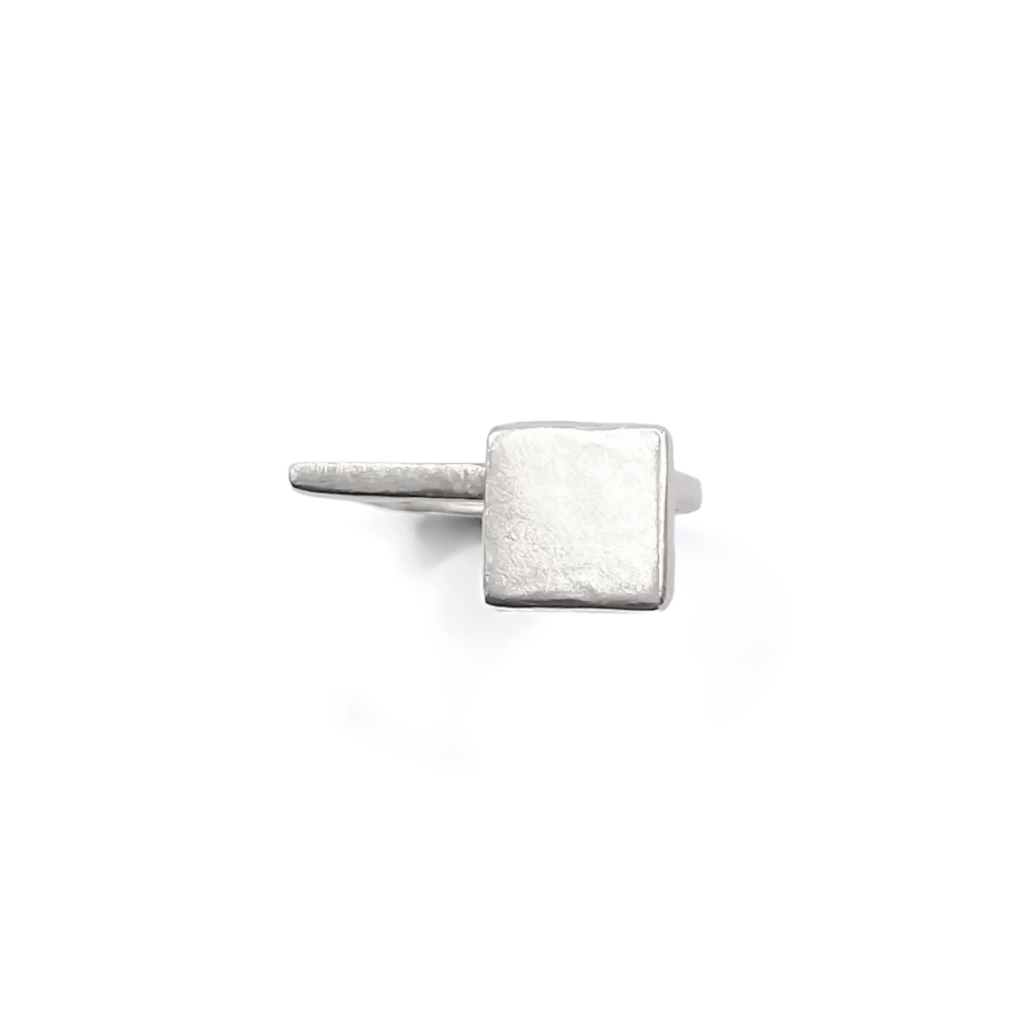 Sterling silver square-top signet ring on white background
