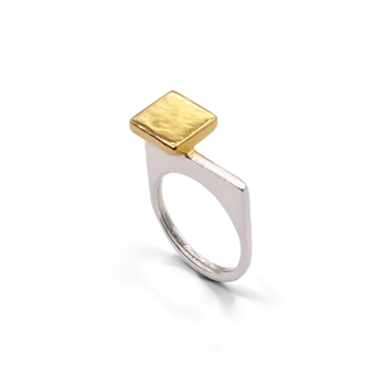 angled view of square-top signet ring with gold vermeil face