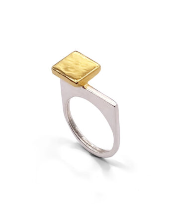 angled view of square-top signet ring with gold vermeil face