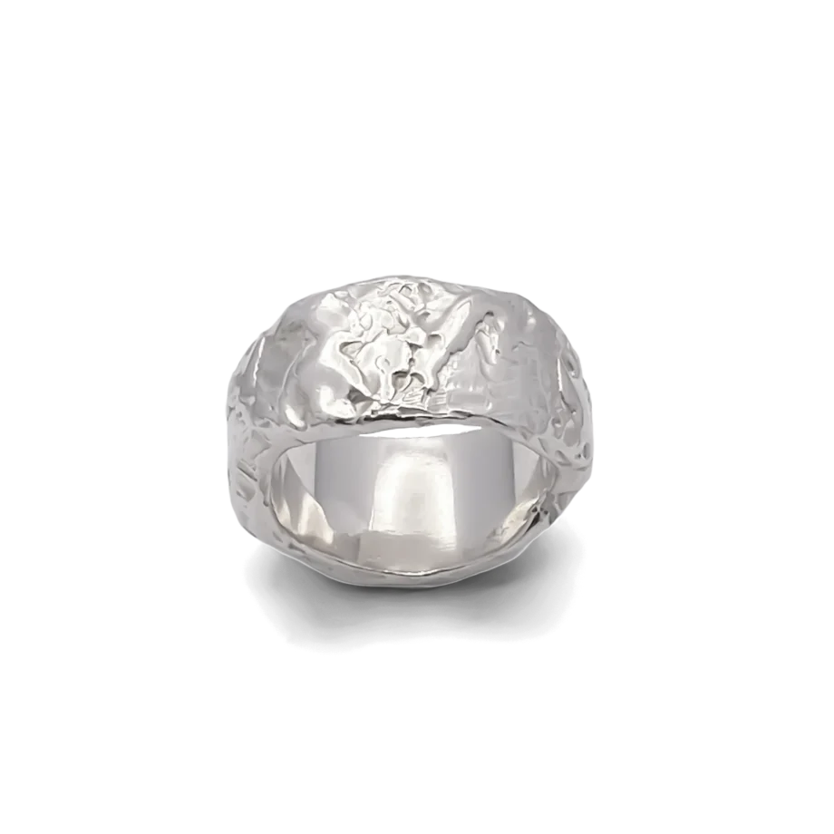 Frontal view of organic sterling silver ring with hammered texture