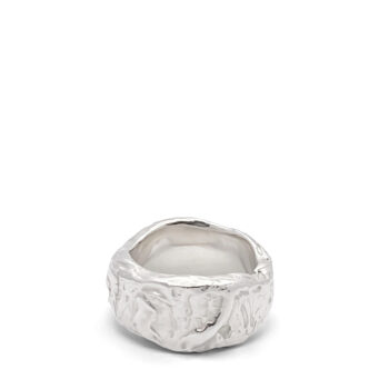 Text: Top view of handcrafted silver band ring with square top