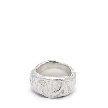Text: Top view of handcrafted silver band ring with square top
