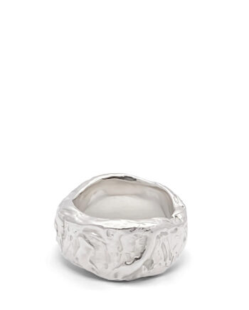 Text: Top view of handcrafted silver band ring with square top