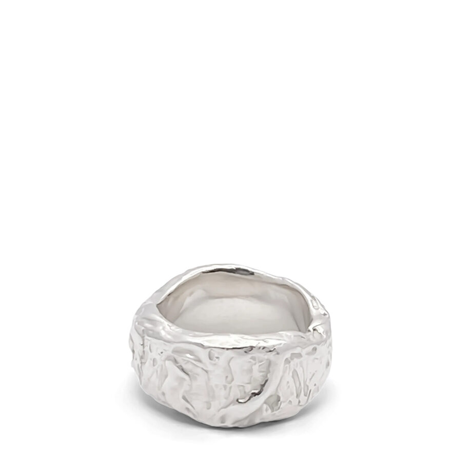 Text: Top view of handcrafted silver band ring with square top
