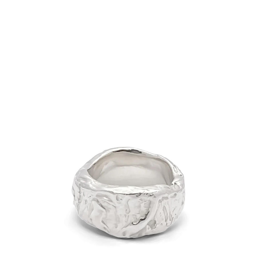 Text: Top view of handcrafted silver band ring with square top