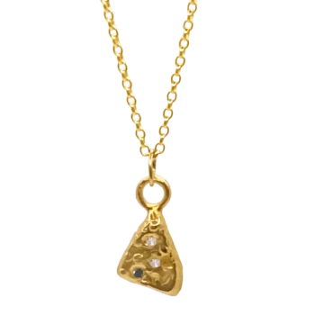 Gold triangular pendant with gemstone accents on Belcher chain.
