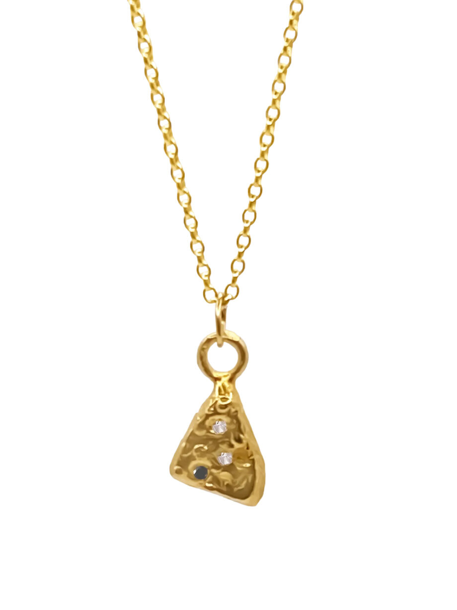 Gold triangular pendant with gemstone accents on Belcher chain.