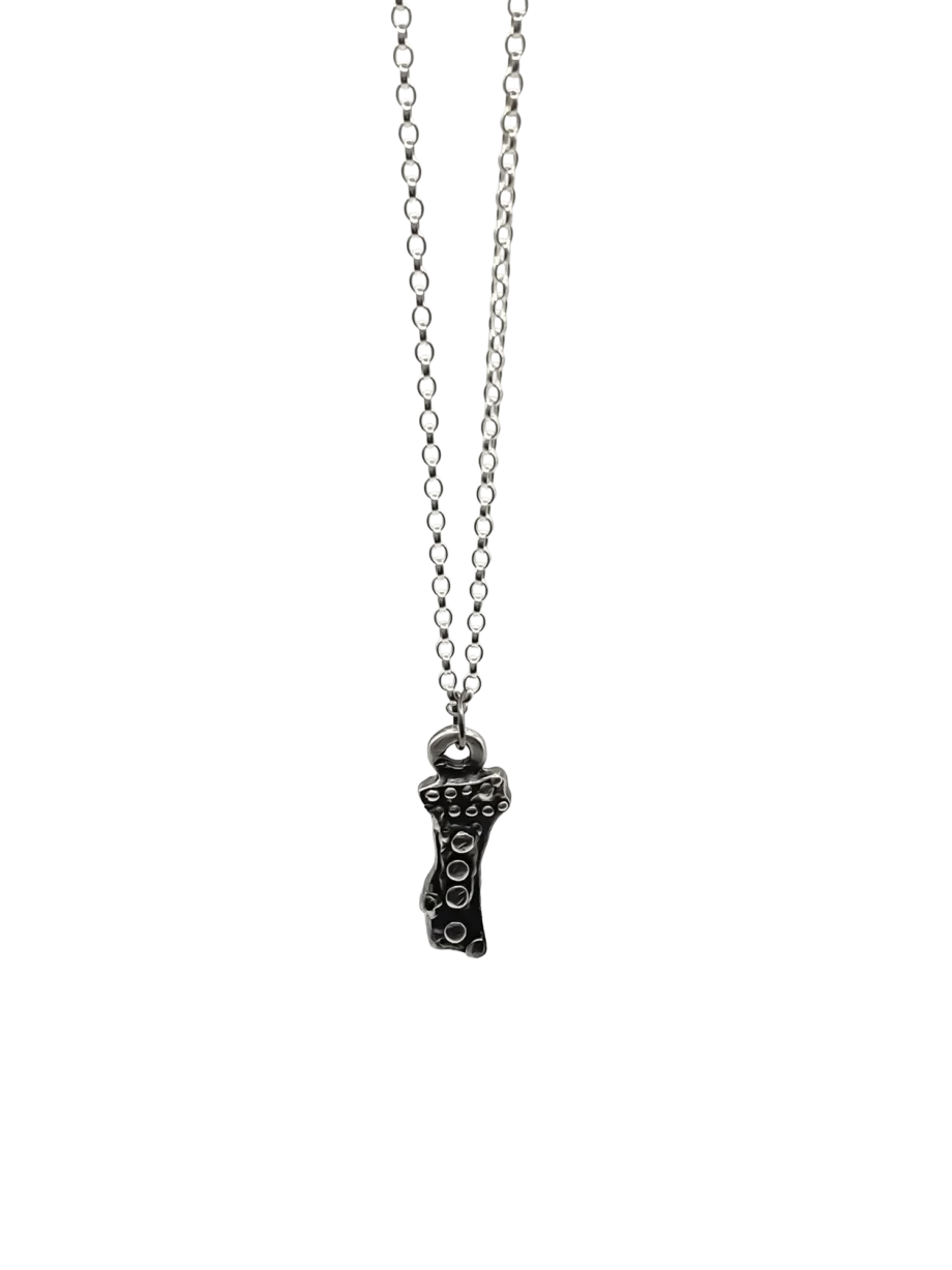 Close-up of Twig Pendant in recycled silver on chain, white backdrop