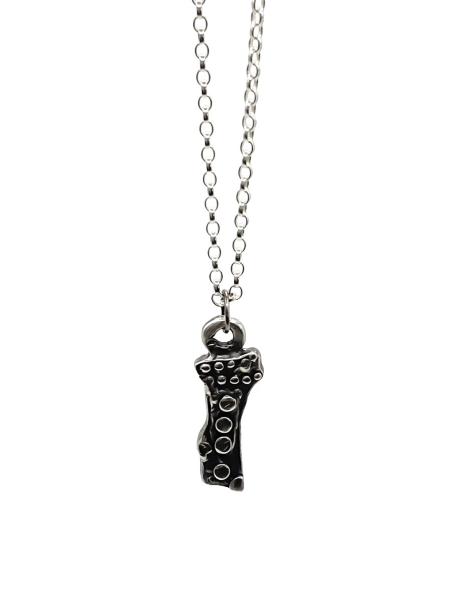 Twig Pendant in recycled silver on chain, displayed on white background