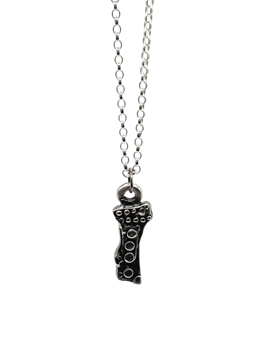 Twig Pendant in recycled silver on chain, displayed on white background