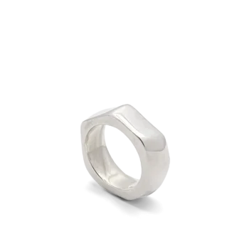 Angled side view of the Wonky Nut Ring in sterling silver