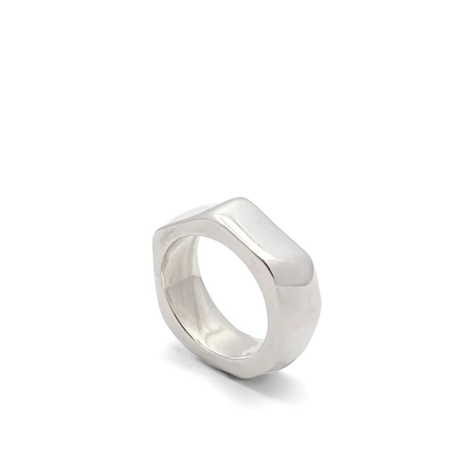 Angled side view of the Wonky Nut Ring in sterling silver